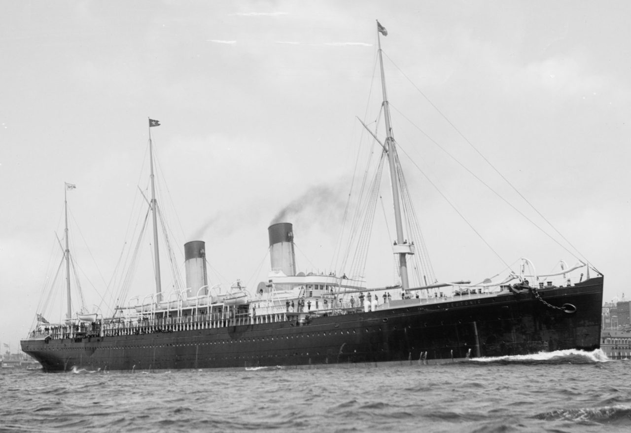 The S.S. Teutonic. Note the US Flag flying at the foremast.